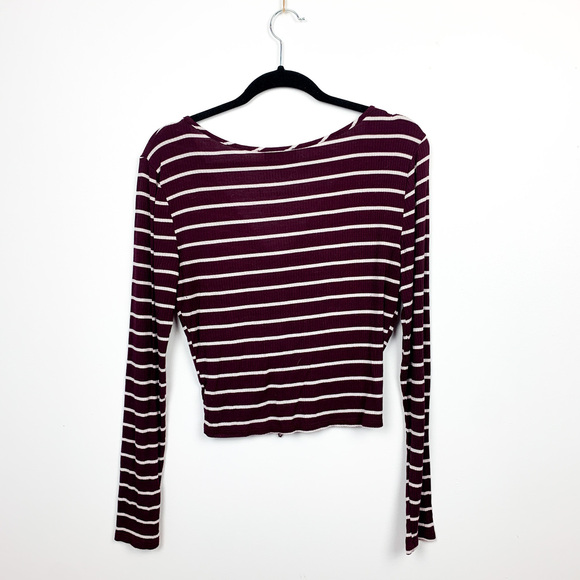 Eclipse Long Sleeve Burgundy & White Striped Ruched Front - Picture 10 of 10